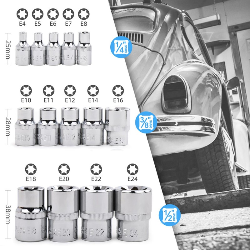 Hniuyun 14Pcs Female E-Torx Star Socket Set, 1/4, 3/8, 1/2