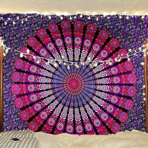 Bless International Indian hippie Bohemian Psychedelic Golden Blue Peacock Mandala Wall hanging Bedding Tapestry (Purple Pink, King (88x104Inches)(225x265Cms))