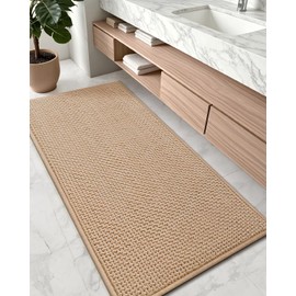 Color&Geometry Chenille Pile Long Bathroom Runner Rugs Upgraded Denser, 17"x47" Non Slip Absorbent Beige Bath Mats for Bathroom Thin Fit Under Door, Washable Quick Dry