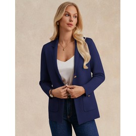 Navy Blue Sweatshirt Blazers for Women Open Front Dressy Casual Sweater Blazer Boyfriend Cardigan Jacket for Work Business