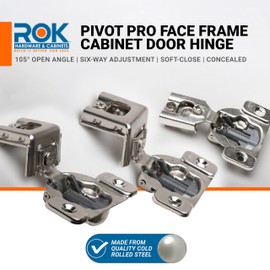 10 Pack Rok Hardware 105-Degree Opening Angle 7/16" (11mm) Overlay Screw-On 2-Cam, 6 Way Adjustable Soft-Close Face Frame Cabinet Hinges, Nickel Plated Finish - H8Q045H