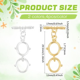 BENECREAT 8 Sets Brass Toggle Clasps, 2 Color Real Gold and Silver Plated T Bar Clasps, Bar and Double Ring Jewelry Clasps for Necklace Bracelets Chain Ends Fastening