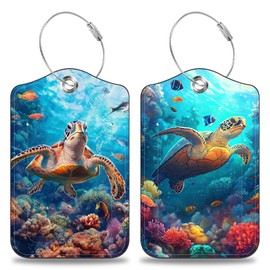 Mazumbuy Sea Turtle Set of 2 Luggage Tags for Suitcases Leather Suitcase Tags Identifiers with Privacy Name Address Label and Stainless Steel Loop for Women Men Travel Luggage Accessories