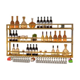 Wall Wine Rack Floating Bar Shelves Wall Mounted with LED Light Liquor Bottle Display Shelf with Hanging Wine Glass Rack Kitchen Wall Shelf Liquor Cabinet Bar Stand for Home Bar Cafe Restaurant(Gold,3