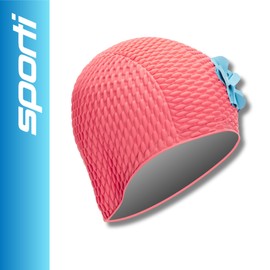 Sporti Floral Bubble Swim Cap – Bubble-Textured Swim Cap with Floral Design, Comfortable Hair Protection - Red/Blue Flowers