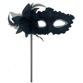 AZYOUNG Women's Masquerade Masks Side Feather Flower Petal Hand Held Lace Mask with Stick,(Black)