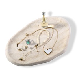 BCS Marble Jewelry Tray Trinket Dish, Decorative Cloud Vanity Key Tray for Women, Perfume Ring Holder Dish for Ring Earring, Cute Jewelry Plate Bowl Aesthetic Room Decor（Beige Travertine）