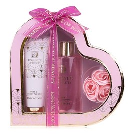 Salsa Essence of Beauty Bath Set Gift Set for Women in Heart Packaging with Body Lotion, Shower Gel and Bath Roses, 3-Piece Bath Set as Luxury Gift Idea for Women, Fragrance Rose & Cherry Blossom