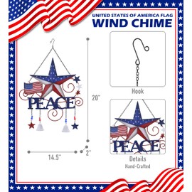 CoTa Global USA Flag Peace Wind Chime - American Flag Patriotic Indoor or Outdoor Windchime Home Decor with Hanging Bells, Handcrafted Glass and Metal Wind Chimes for Yard, Garden, Porch - 20 Inches