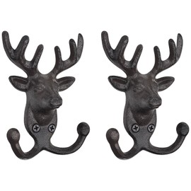 RIXIGOOD Rustic Deer Head Cast Iron Wall Hooks - Heavy Duty Decorative Coat Hooks Wall Mount for Hanging Key Hat Towel Leash, Vintage Animal Decor Hanger for Farmhouse Cottage Entryway Mudroom 2 Pack