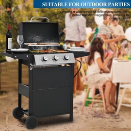 iCapeson Gas Grill, Stainless Steel 30,000 BTU Patio Garden Barbecue Grill, 3 burner propane grill with Top Cover Lid, Wheels, and 2 Side Shelves, for Outdoor Patio Garden Picnic Back