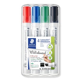 Staedtler Lumocolor marcador para pizarrón blanca, punta biselada, caja de 4 colores surtidos (rojo, azul, verde, negro), 351 WP4