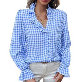 MINTLIMIT Womens Plaid Blouse Peasant Button Down Ruffle Neck Plaid Puff Long Sleeve Gingham Blouse Shirts Blue