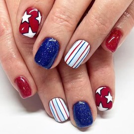 Independence Press on Nails Square Short 4th of July Nails Press ons White Stars Lines Glitter Design Blue Red Glue on Nails July 4yh Fake Nails Glossy Acrylic Artificial False Nails for Girls 24Pcs