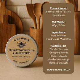 Australian Made Beeswax Wood Polish & Conditioner, Food Grade Beeswax Polish Suitable for Furniture, Chopping Boards, Wooden Kitchen Utensils & Wooden Surfaces (100g / 3.5oz)