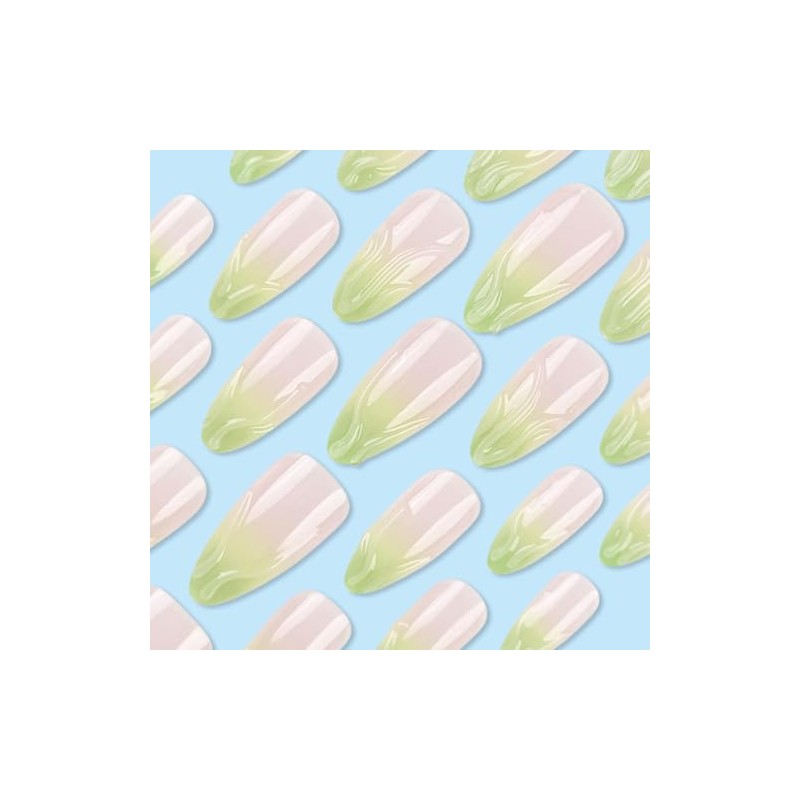 Hkanlre Uñas Postizas Verdes Almendradas, Cobertura Completa, Estilo Francés Medio,