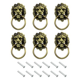 sourcing map 6 Pcs Lion Head Pulls Knob, 3.54" x 2" Zinc Alloy Vintage Lion Door Handle Decorative Front Door Knob Ring Pull Handle for Gate Cabinets Drawers, Bronze