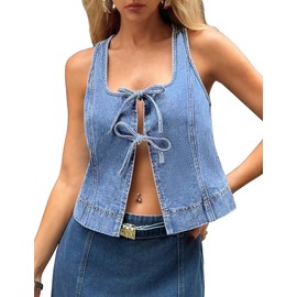 POTILI Womens Denim Vest Sleeveless Square Neck Jean Vest for Women Tie Up Front Denim Top