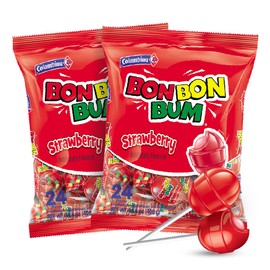 Colombina Bon Bon Bum Lollipops w/Bubble Gum Center, Strawberry Flavor, Individually Wrapped, Ideal for Party Favors and Gifts, 2 Pack (48 Count)