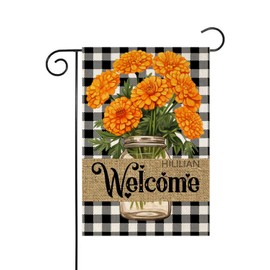 HILILIAN Marigolds Garden Flag for Outside Buffalo Plaid Check Welcome Flags Small 12x18 Inch Double Sided Yard Flag for Spring Summer Winter Home House Outdoor Farmhouse Decor(102)
