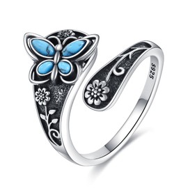SHEAISRS Butterfly Open Rings for Women S925 Sterling Silver Vintage Turquoise Spoon Ring Sunflower Thumb Ring