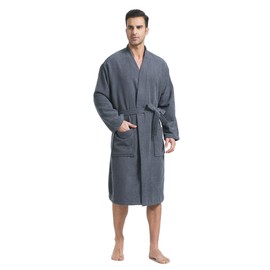 FashGudim Terry Cloth Robes for Men Big and Tall Short Mens Kimono Robe Super Absorbent Spa Bathrobe Calf Length With Pockets, Grey, XX-Large-3X-Large
