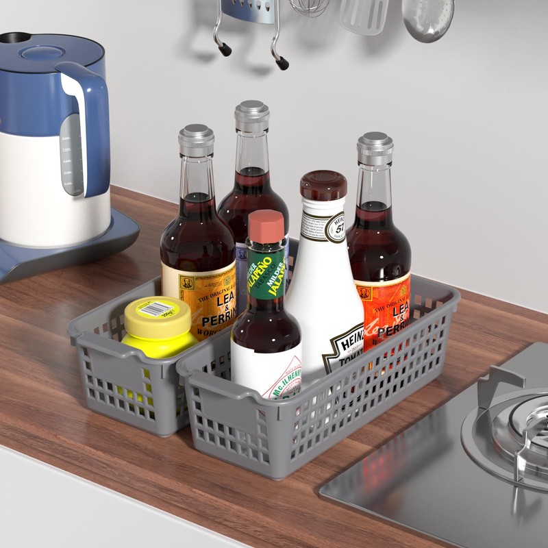 Ramddy Slim Plastic Storage Baskets, Gray Small Shelf Baskets, 4