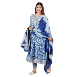 COTTON HTHRANG Conjunto de pantalón Kurti Anarkali de algodón para mujer con teñido anudado Dupatta estilo indio Kurtis túnicas, Azul Real, XXL