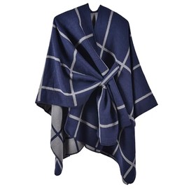 Favorland Women's Plaid Fall Winter Blanket Wrap Poncho Cape Cardigan Shawls(Navy)