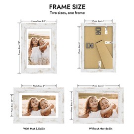 Hongkee 4x6 Picture Frame with Glass, Display Pictures 3.5x5 with Mat or 4 x 6 without Mat - Wall and Tabletop, 4 by 6 Photo Wooden Frames (Distressed White, 1 Pack)