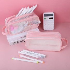 iSuperb Clear Pencil Case Handheld Pen Bag Transparent Makeup Bag Multifunction Pencil Pouch for Business Travel Office Adult (Pink)