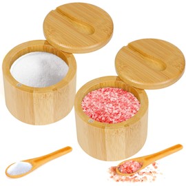 Loscarol 2Pcs Bamboo Salt Cellar Spice Box with Magnetic Swivel Lid & Spoon, Bamboo Storage Box Salt Container to Storage Pepper, Table Salt, Gourmet Salts, Spice, Sugar, 6 oz