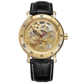 FORSINING Automatic Mechanical Hollow Out Waterproof PU Leather Strap Male Watch (Gold Black)
