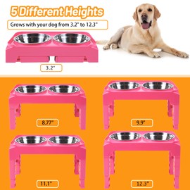 Yacee Elevated Dog Bowls with 2 Stainless Steel Dog Food and Water Bowls+Pet Food Scoop Raised Bowl Adjusts to 5 Heights (3.15",8.66",9.84",11.02", 12.2") for Small Medium and Large Dogs Cats (Pink)