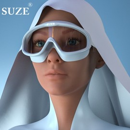 Adult Swim Goggles for Water Play and Swimming - Large Frame 방lf440 006C Green Black Clear Bag + Swim Cap 5ea