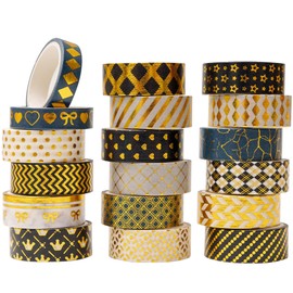 KAVI' S 18 Rolls Black Gold Washi Tape Set Basic Patterns Foil Print Decorative Tapes for Arts, DIY Crafts, Bullet Journals, Planners, Scrapbook, Wrapping (15mm) (Black Gold Pack x 18 Rolls)