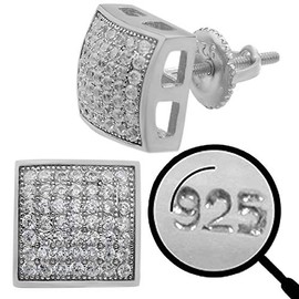 Real Solid 925 Sterling Silver - Men's Earrings - Iced CZ 9mm Square Earrings Screw Backs - Flooded Out Aretes