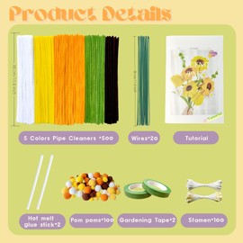 YYUENGTAK 500 Pcs Yellow Pipe Cleaners Flower kit with tutoria,Pipe Cleaners Craft(5 Colors),sunflower,Chenille Stems Flowers Craft kit with 20 pcs Floral Wires,Gardening Tape,Stamen(2 Colors),pompoms