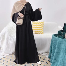 Women Solid Satin Robe Bishop Sleeve Long Middle East Dress Muslim Robe, Black 02