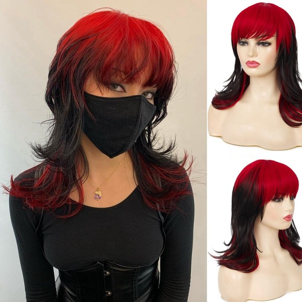 Qnbiar Long Red Black Wig Layered Fluffy Wig with Fringe