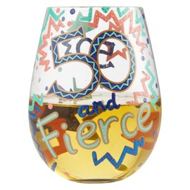 Enesco Designs by Lolita 50 and Fierce Hand-Painted Artisan Stemless Wine Glass, 20 Ounce, Multicolor