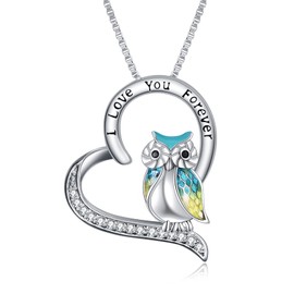 YFN - Collar de búho de plata de ley con texto "I Love You Forever" para mujeres y niñas, Cristal, Circonia cúbica