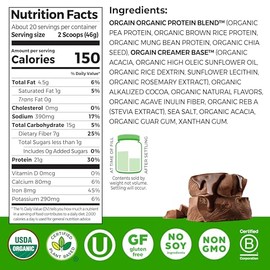 Orgain Proteína en polvo orgánica a base de plantas, dulce de azúcar cremoso de chocolate - 21 g de proteína, vegano, bajo en carbohidratos netos, no 