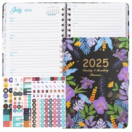 KINGTLE 2025 Planner A5,Monthly Weekly Planner 2025 with Stickers,Agenda Planner 2025 from Jan to Dec with Elastic,12 Mes,Teacher Planner for Home, Office, School (Purple flower)