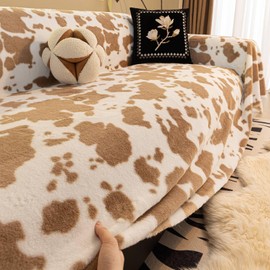 West Ivory 4-Seater Ultra-Thick Winter Soft Plush Couch Cover – Washable Furniture Protector for Dogs, Pets, Anti-Slip, Anti-Dust Sofa Cushion Cover, Khaki and White, 133.86 x 66.93 Inches