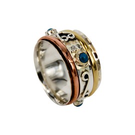 925 Sterling Silver Copper and Brass Tri Tone Metal Meditation Spinner Ring Fidget Anxiety Relief Ring Wide Band, Anti Stree Ring, Worry Ring, Spinning Ring, Ring Size US9.25