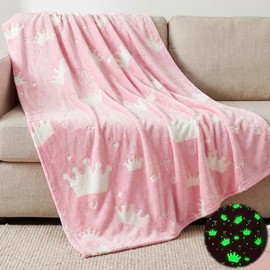 Glow in The Dark Queen Crown Flannel Blanket 50" x 60", Cute Aesthetic Preppy Throw for Girls & Women, Soft Cozy Fleece Blanket for Air-Conditioned Room Bedroom Sofa Couch Travel and Mother's Day
