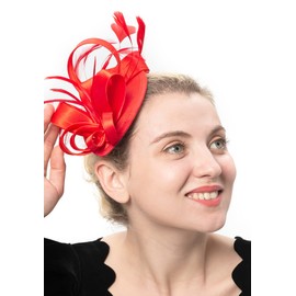 FELIZHOUSE Fascinator Hats Hat Tea Party Feather Hair Clip Bridal Headpieces Ascot Headband for Women (Red)