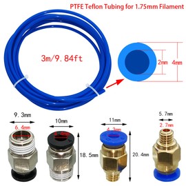 Teflon Tube 3 Meters, CESFONJER Blue PTFE Tubing with 2 Pcs PC4-M6 and 2 Pcs PC4-M10 with PTFE Tubing Fittings Cutter for PTFE Tube Push Fitting Connector 3D Printer 1.75mm Filament