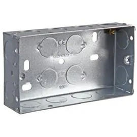 rhinocables - Metal 2 Gang Double Socket Back Box | Galvanized Steel | BS4662 Compliant | Fixed Lugs for Secure Mounting | Pre-Punched Knockouts | Versatile Depths, 1 Pack, 35mm